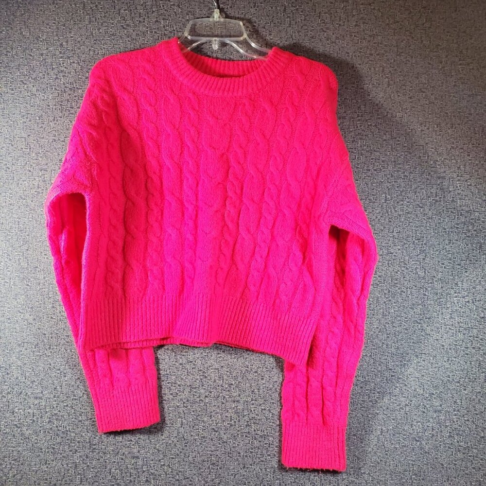 Fuschia Bright Pink Fuzzy Warm Cable Sweater Medium
